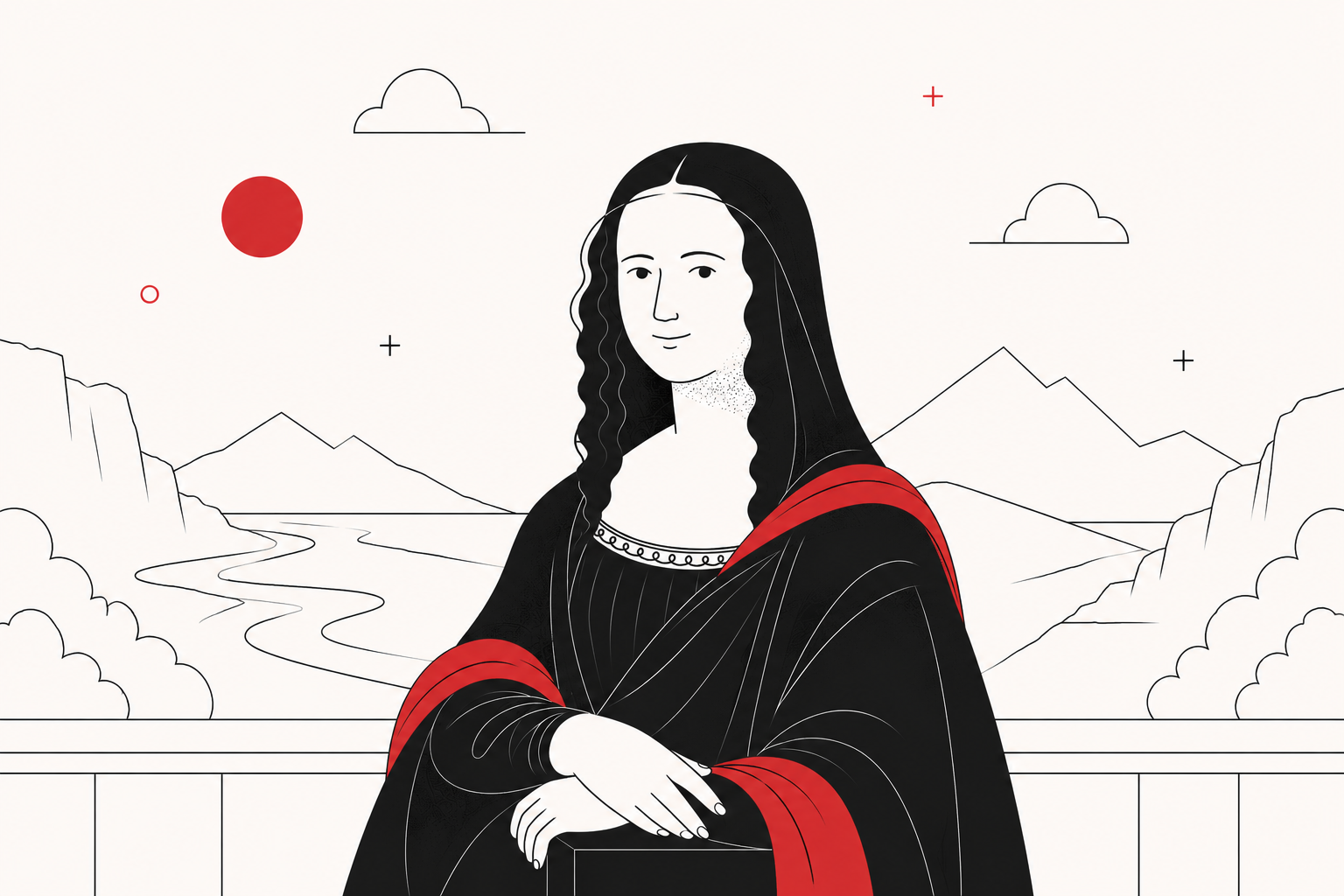 Flat illustration of the Mona Lisa, a masterpiece